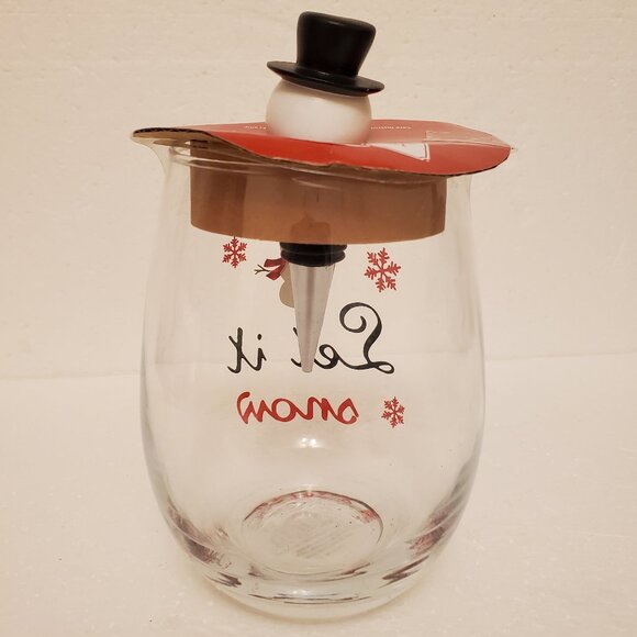 NWT Holiday Time 19oz Stemless "Let It Snow" Wine Glass w/Snowman Bottle Stopper - Picture 4 of 6